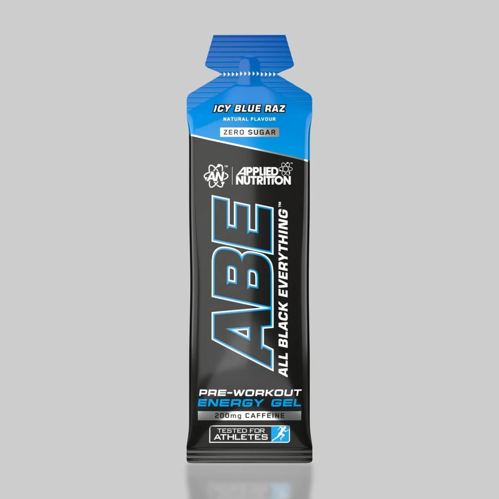 Black and blue energy gel pack with bold "ABE" text and "Icy Blue Raz" flavor label.